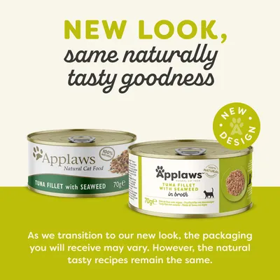 Applaws Natural Cat Food, Tuna Fillet with Seaweed 70g tins, old and new packaging shown. Text: New look, same naturally tasty goodness. New design badge visible.
