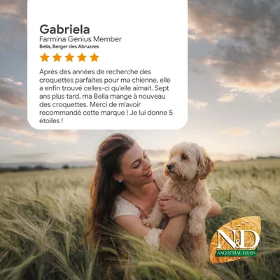 Avis client de Gabriela : Après de longues recherches, sa chienne a enfin trouvé le bon aliment. Elle attribue 5 étoiles et recommande la marque N&D Ancestral Grain. Avis client de Gabriela : Après de longues recherches, sa chienne a enfin trouvé le bon aliment. Elle attribue 5 étoiles et recommande la marque N&D Ancestral Grain.