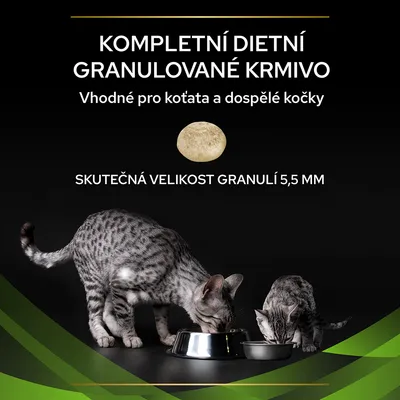 Text v češtine: KOMPLETNÍ DIETNÍ GRANULOVANÉ KRMIVO, Vhodné pro koťata a dospělé kočky, SKUTEČNÁ VELIKOST GRANULÍ 5,5 MM. Dve mačky jedia z misiek, zobrazená veľkosť granule.