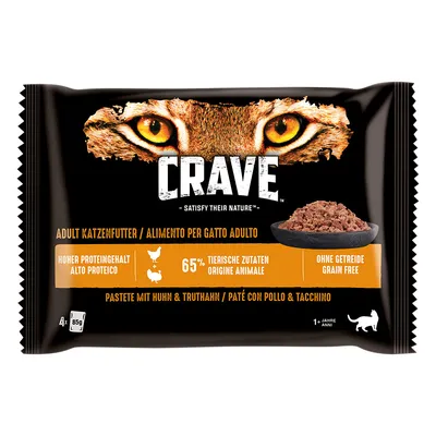 CRAVE hrană umedă pentru pisici adulte, pateu cu pui și curcan, 65% ingrediente de origine animală, fără cereale, conținut ridicat de proteine. Ambalaj de 85 g.