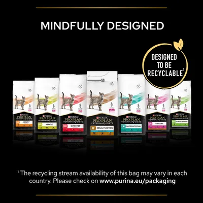 Range of Purina Pro Plan Veterinary Diets bags with text stating 'Mindfully Designed' and 'Designed to be recyclable'. Recycling stream availability may vary by country.