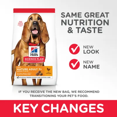 Hill's Science Plan Light Mature Adult 7+ Medium 11–25 kg Chicken -koiranruokapakkaus. Teksti: Same great nutrition & taste, new look, new name, key changes.
