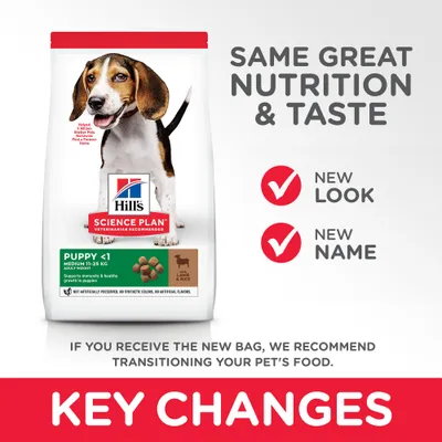 Hill's Science Plan Puppy <1 Medium 11–25 kg Lamb & Rice -koiranruokapakkaus, tekstit: SAME GREAT NUTRITION & TASTE, NEW LOOK, NEW NAME, KEY CHANGES. Englanninkielistä tuotetietoa näkyvissä.