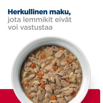 Herkullinen maku, jota lemmikit eivät voi vastustaa. Kuvassa kulhollinen lihapaloja ja vihanneksia kastikkeessa.