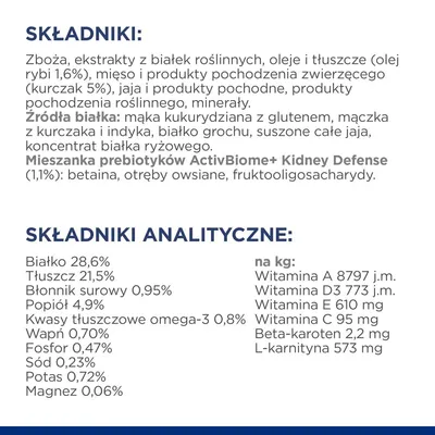 Składniki: zboża, białka roślinne, oleje, tłuszcze, mięso kurczaka 5%, jaja, minerały. Składniki analityczne: białko 28,6 %, tłuszcz 21,5 %, włókno 0,95 %, popiół 4,9 %, witaminy A, D3, E, C.