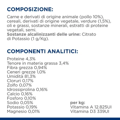 Composizione: carne e derivati animali (pollo 10%), cereali, verdure (1,5%), oli, grassi, minerali. Componenti analitici: proteine 4,3%, grassi 3,4%, umidità 81,3%, vitamine A e D3.