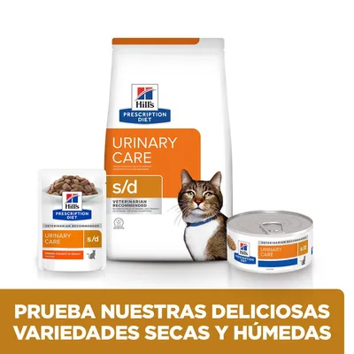 Hill's Prescription Diet Urinary Care s/d para gatos, variedades seca y húmeda. Texto: Prueba nuestras deliciosas variedades secas y húmedas.