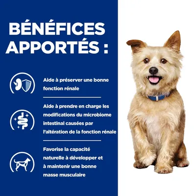 BÉNÉFICES APPORTÉS : aide à préserver une bonne fonction rénale, soutenir le microbiome intestinal et favoriser la masse musculaire chez le chien. Texte en français (fr_BE).