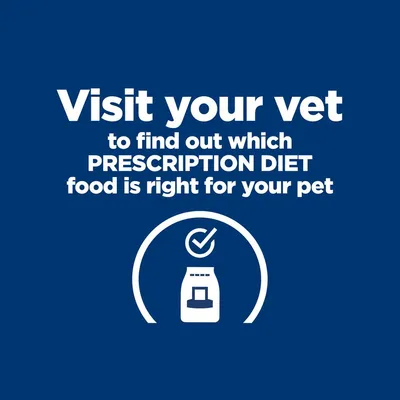 Visit your vet to find out which prescription diet food is right for your pet, with a check mark and food bag icon shown.