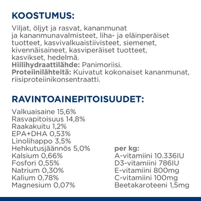 Koostumus: viljat, öljyt ja rasvat, kananmunat, lihatuotteet, kasvivalkuaiset, siemenet, kivennäisaineet, kasvikset. Ravintoainepitoisuudet: valkuaisaine 15,6 %, rasva 14,8 %, kuitu 1,2 % ym.