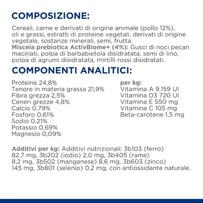 Composizione: cereali, carne e derivati animali (pollo 12%), oli, estratti vegetali, minerali, semi, frutta. Componenti analitici: proteine 24,8%, grassi 21,9%, fibra 2,5%, vitamine e additivi.