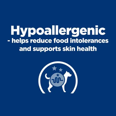 Hypoallergenic – helps reduce food intolerances and supports skin health. Text v angličtině, ikona psa s kruhem a hvězdami.
