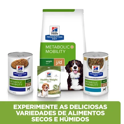 Hill's Prescription Diet Metabolic + Mobility j/d: ração seca, duas latas de alimento húmido e snacks Healthy Weight Treats para cães. Texto: Experimente as deliciosas variedades de alimentos secos e húmidos.