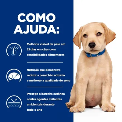 Texto: Como ajuda: Melhoria visível da pele em 21 dias em cães com sensibilidades alimentares. Nutrição que demonstra reduzir a comichão noturna e melhorar o sono. Protege a barreira cutânea.