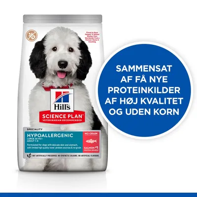 Hill's Science Plan Hypoallergenic hundefoder, tekst: 'Sammensat af få nye proteinkilder af høj kvalitet og uden korn', 'No grain', 'Salmon #1 protein source' synlig på emballagen.