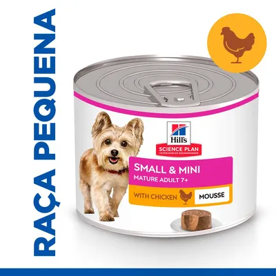 Hill's Science Plan Small & Mini Mature Adult 7+ with Chicken Mousse, lata de comida húmida para cães de raça pequena. Texto visível: RAÇA PEQUENA.