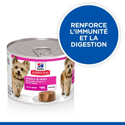 Hill’s Science Plan Small & Mini Mature Adult 7+ up to 10 kg with beef mousse, texte visible : Renforce l’immunité et la digestion.