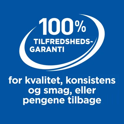 100 % tilfredshedsgaranti for kvalitet, konsistens og smag, eller pengene tilbage