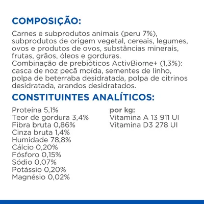 Composição: carnes e subprodutos animais (peru 7%), vegetais, cereais, legumes, ovos, minerais, frutas. Constituintes analíticos: proteína 5,1 %, gordura 3,4 %, humidade 78,8 %, vitaminas A e D3.