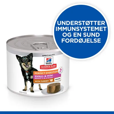 Hill's Science Plan Perfect Digestion Small & Mini Adult 1–6 up to 10 kg with Turkey Mousse. Understøtter immunsystemet og en sund fordøjelse.