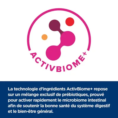 ActivBiome+ La technologie d’ingrédients ActivBiome+ repose sur un mélange exclusif de prébiotiques, prouvé pour activer rapidement le microbiome intestinal et soutenir la santé digestive.