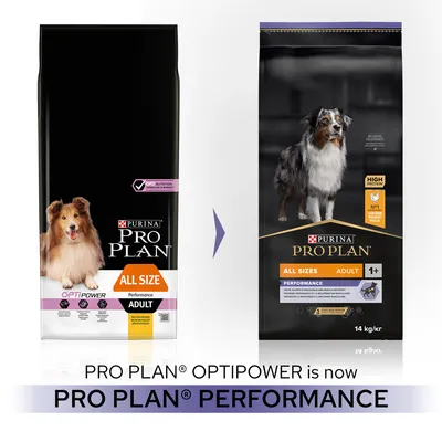 Förpackningsändring: Purina Pro Plan Optipower Adult All Size blir Pro Plan Performance Adult All Sizes 1+, 14 kg. Båda med hundbild och synlig produkttext.