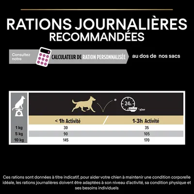 Tableau des rations journalières recommandées pour chiens : 1 kg 30–35 g, 5 kg 90–105 g, 10 kg 145–170 g selon activité. Calculateur de ration personnalisée mentionné.
