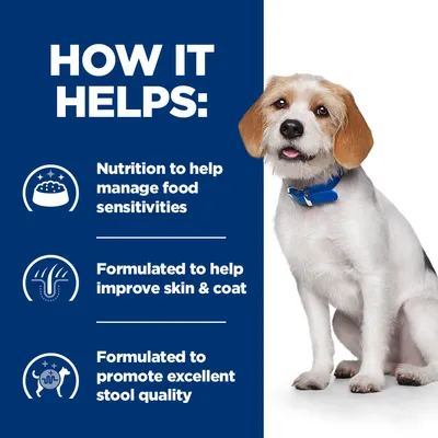 Angol nyelvű szöveg: Nutrition to help manage food sensitivities, Formulated to help improve skin & coat, Formulated to promote excellent stool quality
