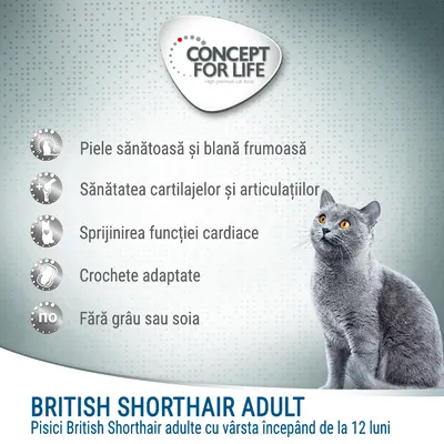 Concept for Life British Shorthair Adult. Piele sănătoasă și blană frumoasă, sănătatea cartilajelor și articulațiilor, sprijinirea funcției cardiace, crochete adaptate, fără grâu sau soia.