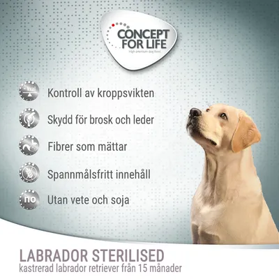 Concept for Life. Kontroll av kroppsvikten, skydd för brosk och leder, fibrer som mättar, spannmålsfritt innehåll, utan vete och soja. LABRADOR STERILISED kastrerad labrador retriever från 15 månader.