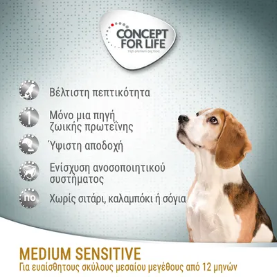 CONCEPT FOR LIFE. Βέλτιστη πεπτικότητα, μόνο μια πηγή ζωικής πρωτεΐνης, υψηστή αποδοχή, ενίσχυση ανοσοποιητικού, χωρίς σιτάρι, καλαμπόκι ή σόγια. Για ευαίσθητους σκύλους μεσαίου μεγέθους από 12 μηνών.