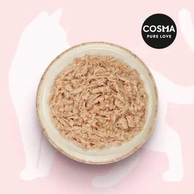 Cosma Pure Love. Schüssel mit zerkleinertem Fleisch auf rosa Hintergrund mit Katzen-Silhouette.