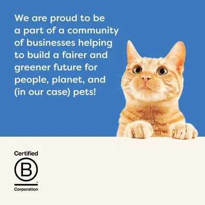 Tekst: We are proud to be a part of a community of businesses helping to build a fairer and greener future for people, planet, and (in our case) pets! Certified B Corporation.