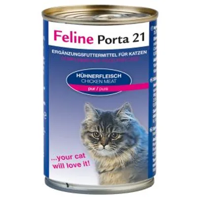 Feline Porta 21, alimento complementare per gatti, Hühnerfleisch Chicken Meat pur/puro. Testo in inglese: your cat will love it! Immagine di un gatto sul fronte della lattina.