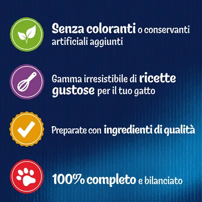 Senza coloranti o conservanti artificiali aggiunti. Gamma irresistibile di ricette gustose per il tuo gatto. Preparate con ingredienti di qualità. 100% completo e bilanciato.