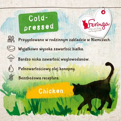 Feringa. Cold-pressed. Przygotowano w rodzinnym zakładzie w Niemczech, wysoka zawartość białka, niska węglowodanów, olej konopny, bezzbożowa receptura, Chicken.