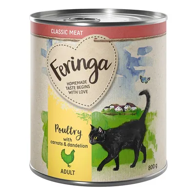 Feringa Classic Meat, Poultry with carrots & dandelion, ADULT, 800 g. Immagine di una lattina con disegno di gatto nero e paesaggio rurale. Testo in inglese sull'etichetta.