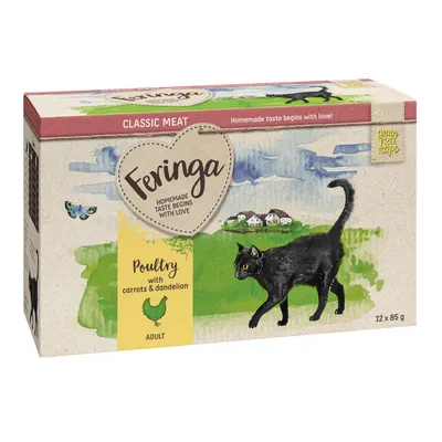 Feringa Classic Meat, Fågel med morötter & maskros, Adult, spannmålsfritt recept, 12 x 85 g. Förpackning med svart katt och landskapsillustration. Feringa Classic Meat, Fågel med morötter & maskros, Adult, spannmålsfritt recept, 12 x 85 g. Förpackning med svart katt och landskapsillustration.