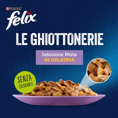Purina Felix Le Ghiottonerie, Selezione Mista in Gelatina, senza coloranti. Immagine di bocconcini su piatto viola con dettaglio dell'aspetto del prodotto.