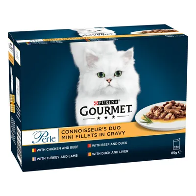 Connoisseur’s Duo mini fillets in gravy, with chicken and beef, turkey and lamb, beef and duck, duck and liver. Pack contains 12 portions of 85g each.