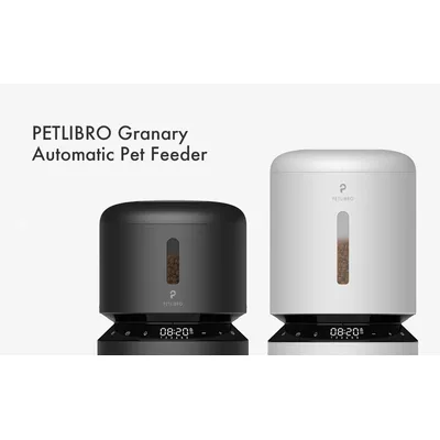PETLIBRO Granary Automatic Pet Feeder in black and white, both with digital display showing 08:20 and visible PETLIBRO branding. Kibble visible through front window on each feeder.