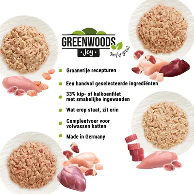 GREENWOODS Joy kattenvoer. Tekst: graanvrije recepten, geselecteerde ingrediënten, 33% kip- of kalkoenfilet met ingewanden, compleetvoer voor volwassen katten, Made in Germany.