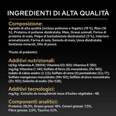 Componenti: agnello, riso, proteine di pollame, mais, grassi animali, farina di soia, olio di pesce. Nutrienti: proteine 28%, grassi 18%, ceneri grezze 7,5%, fibra grezza 2%, taurina 0,1%. Componenti: agnello, riso, proteine di pollame, mais, grassi animali, farina di soia, olio di pesce. Nutrienti: proteine 28%, grassi 18%, ceneri grezze 7,5%, fibra grezza 2%, taurina 0,1%.