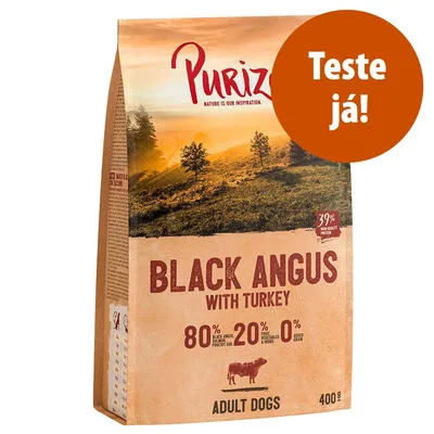 Purizon Black Angus with Turkey, 80 % carne, 20 % fruta/vegetais/ervas, 0 % cereais adicionados, para cães adultos, embalagem de 400 g. Texto visível: Teste já!