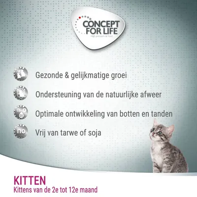 Concept for Life. Gezonde & gelijkmatige groei, ondersteuning van de natuurlijke afweer, optimale ontwikkeling van botten en tanden, vrij van tarwe of soja. Kitten 2e–12e maand.