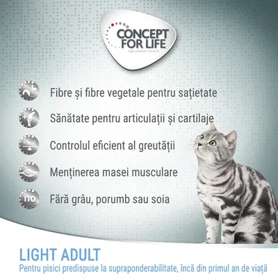 Concept for Life Light Adult. Fibre vegetale pentru sațietate, sănătate pentru articulații, control greutate, menținere masă musculară, fără grâu, porumb sau soia. Pentru pisici adulte.