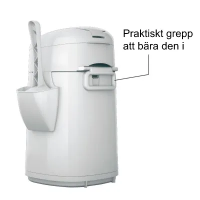 Vit behållare med skopa i hållare på sidan. Text: Praktiskt grepp att bära den i, med pil som pekar på handtaget.