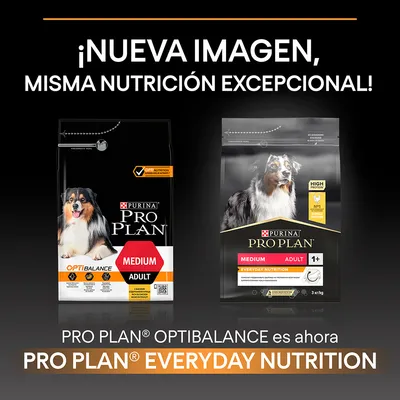 Comparación de envases de pienso para perros adultos medianos: PURINA PRO PLAN Optibalance y nuevo diseño PRO PLAN Everyday Nutrition. Texto: ¡Nueva imagen, misma nutrición excepcional!