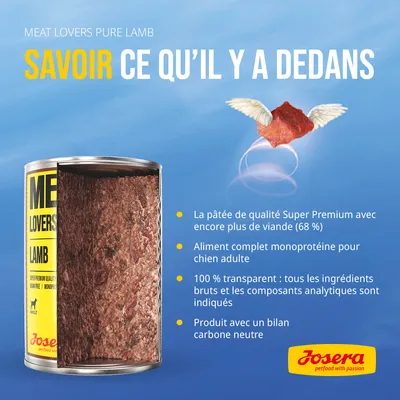 Josera Meat Lovers Pure Lamb, pâtée pour chien adulte, 68 % viande, aliment complet monoprotéine, ingrédients et composants analytiques indiqués, bilan carbone neutre. Texte en français.