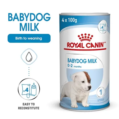 ROYAL CANIN BABYDOG MILK 0–2 months, 4 x 100 g. Birth to weaning. Easy to reconstitute. Prikaz limenke s natpisima i ilustracijom šteneta.